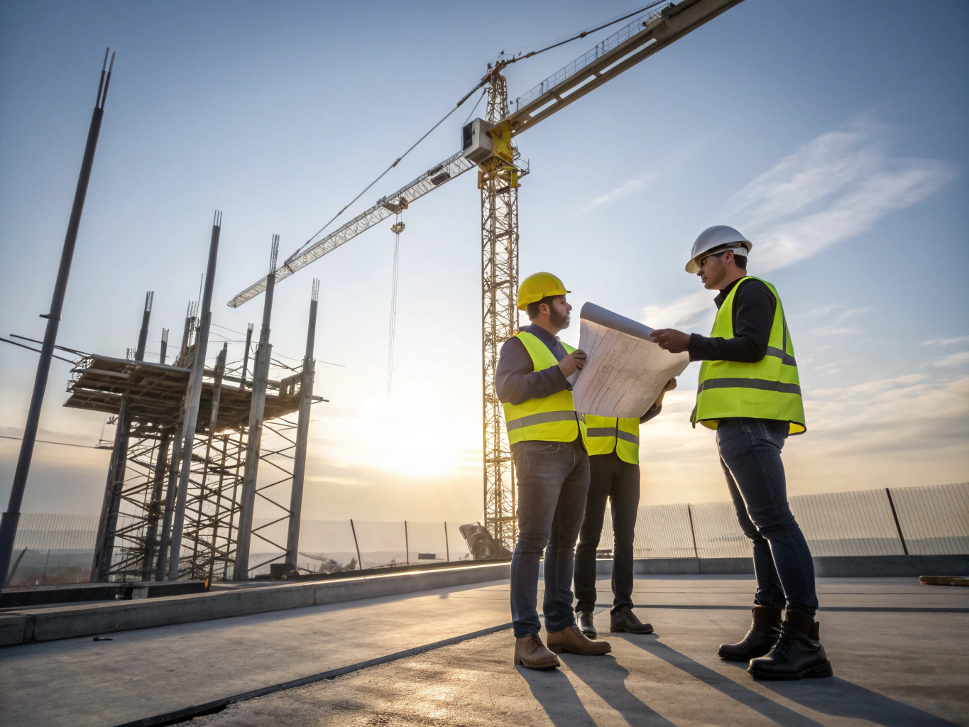Construction project managers reviewing blueprints on site